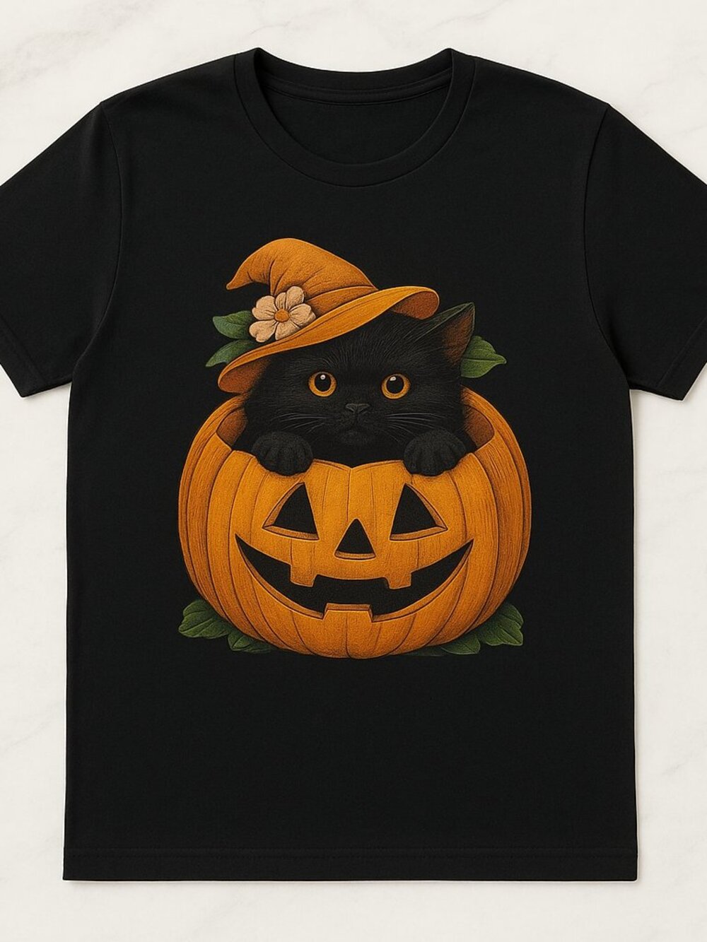 Black Cat Witch Hat Pumpkin Halloween Graphic Tee Black